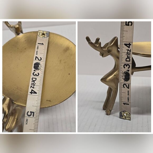 Vintage Brass Deers Candle Holder Set 3 Reindeers Holding Tray MCM - Picture 7 of 8
